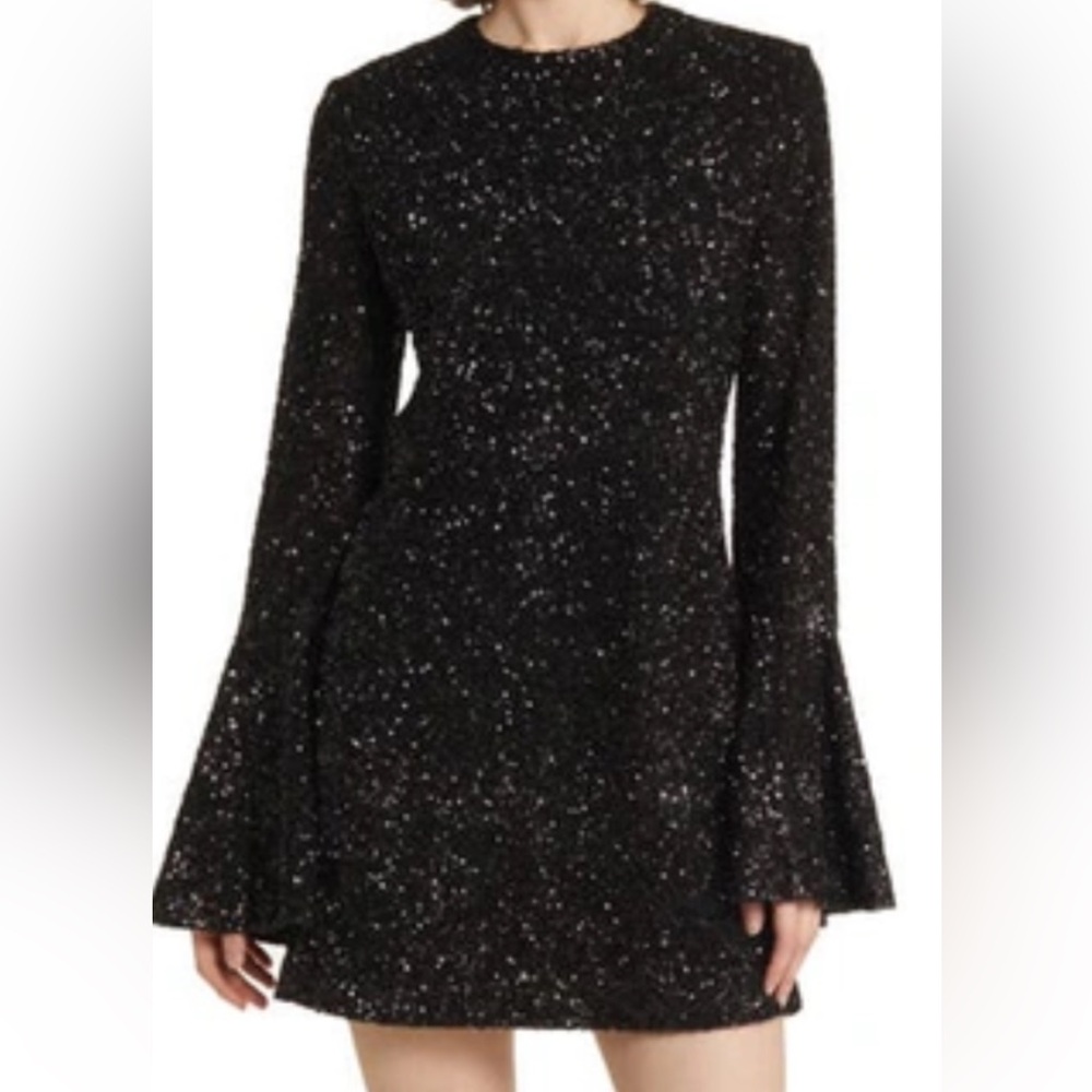 Zara Women Kids Black Cotton Dress with White Specs, Bell Sleeves and Mock Neck